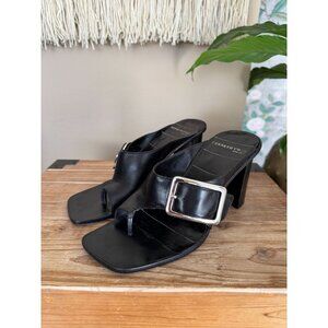Vintage Kennth Cole New York Sun Rise Black Leather Silver Buckle Thong Heels